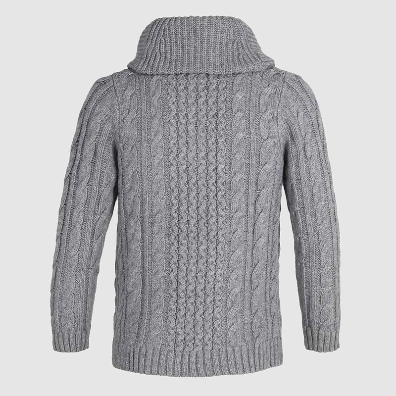 Stilren herrcardigan i kabelstickat med sjalkrage. Idealiskt för höstens kyla och vintermode.