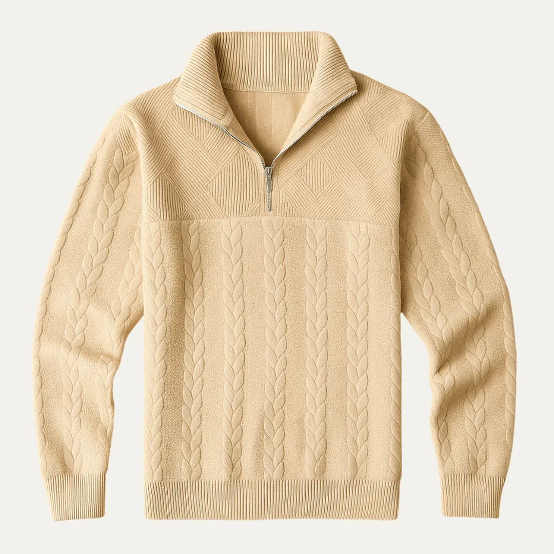 Elegant stickad tröja för män. Bekväm kabelstickning med dragkedja, perfekt för vardag och semi-formellt.