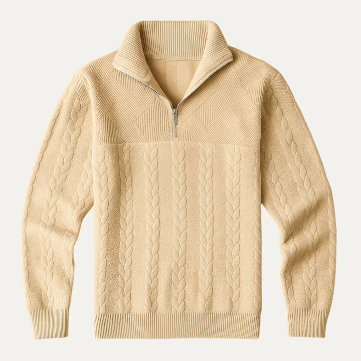 Elegant stickad tröja för män. Bekväm kabelstickning med dragkedja, perfekt för vardag och semi-formellt.