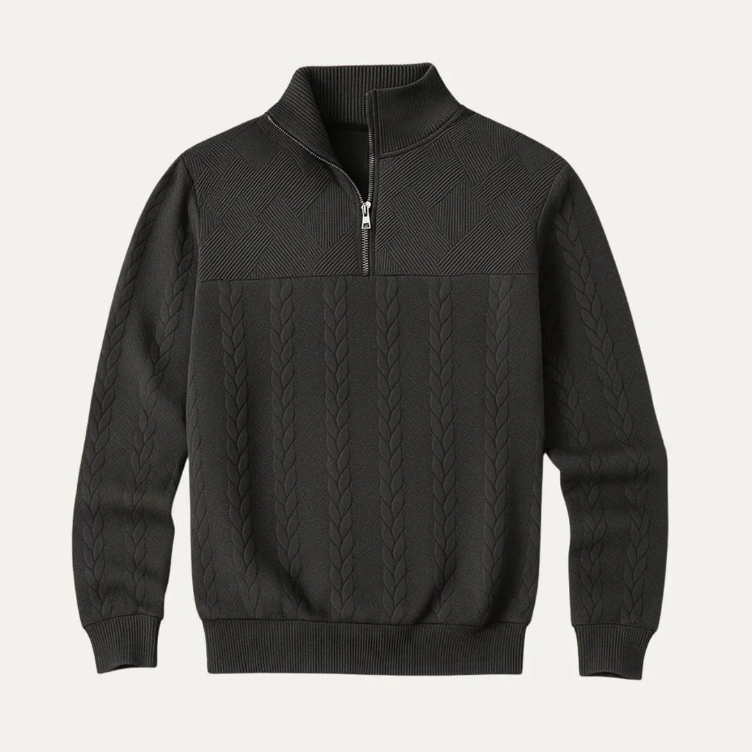 Herrtröja kabelstickad med halv dragkedja. Skräddarsydd passform för en modern och tidlös look.