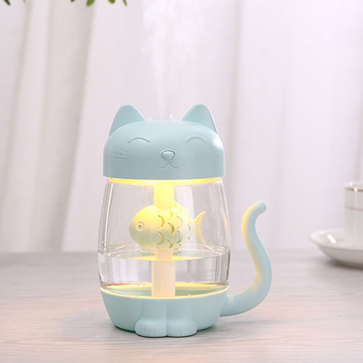 Bärbar katt-luftfuktare med LED-nattlampa och USB-driven fläkt, för kontor och hem.