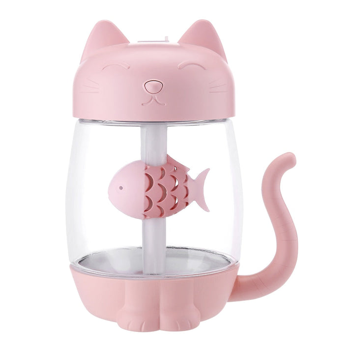 USB-driven katt-luftfuktare med mjuk nattbelysning och integrerad kylfläkt, för inomhusbruk.