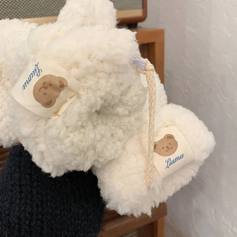 Vita/beige kawaii fingerlösa vantar. Varma damhandskar med björnmotiv, en söt presentidé.