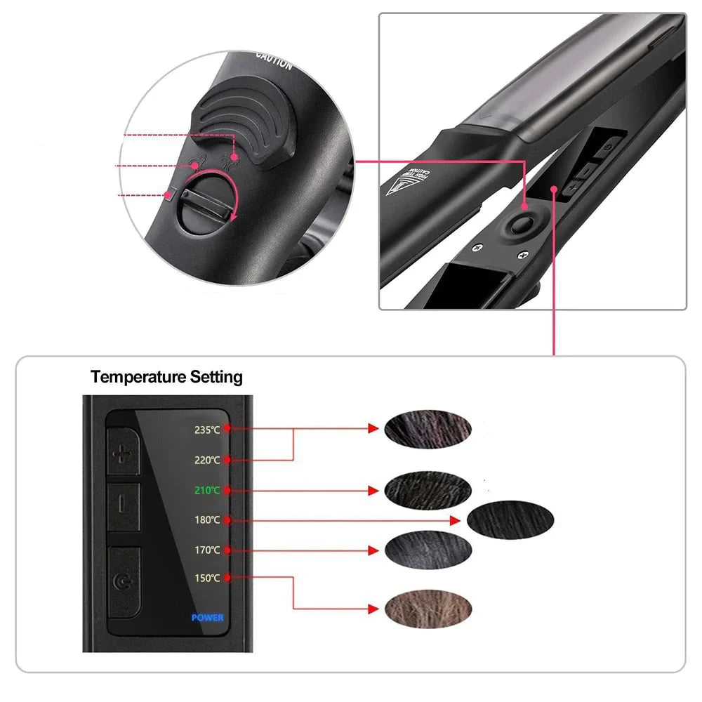 Keramisk ångplattång placerad på en yta, belyser dess eleganta design och professionella funktioner för hårvård.