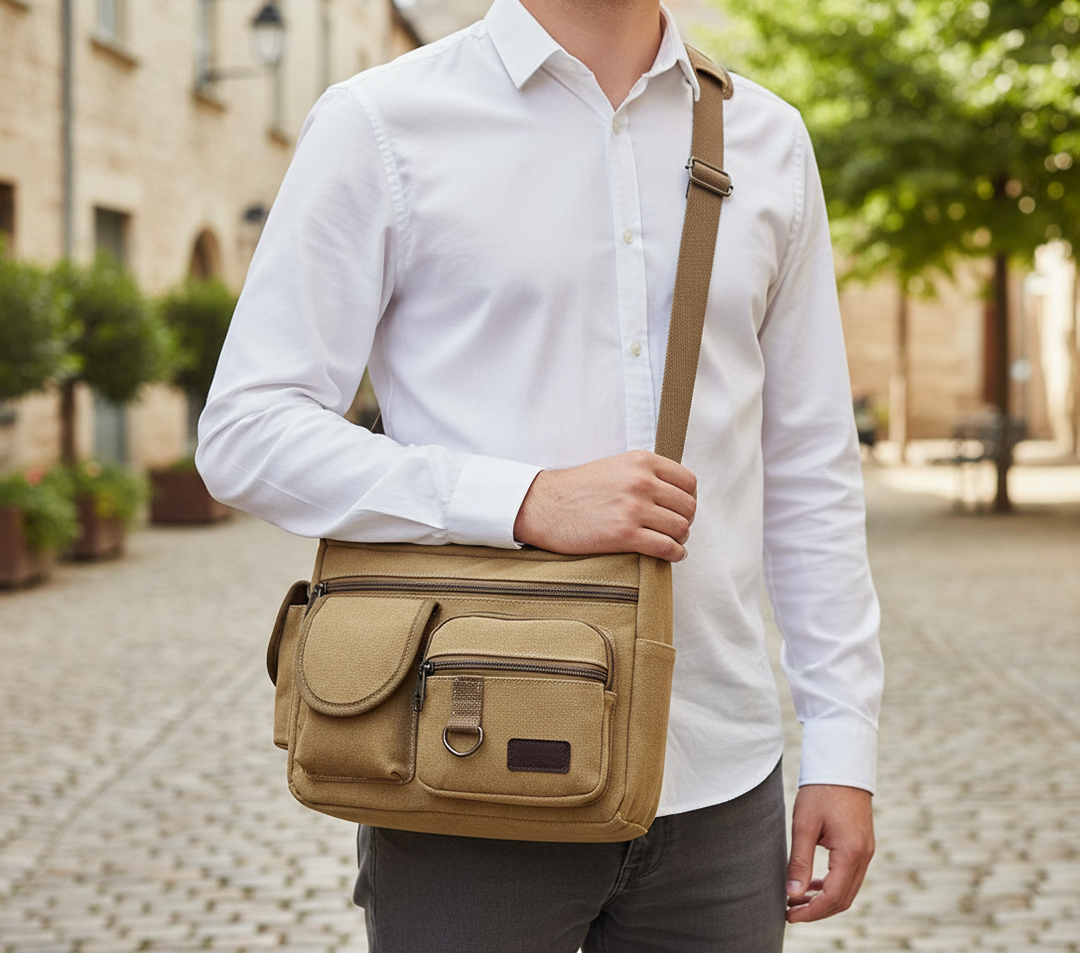 Khakifärgad canvas axelväska, perfekt som messengerbag eller vardagsväska för jobb och skola. Slitstark design.