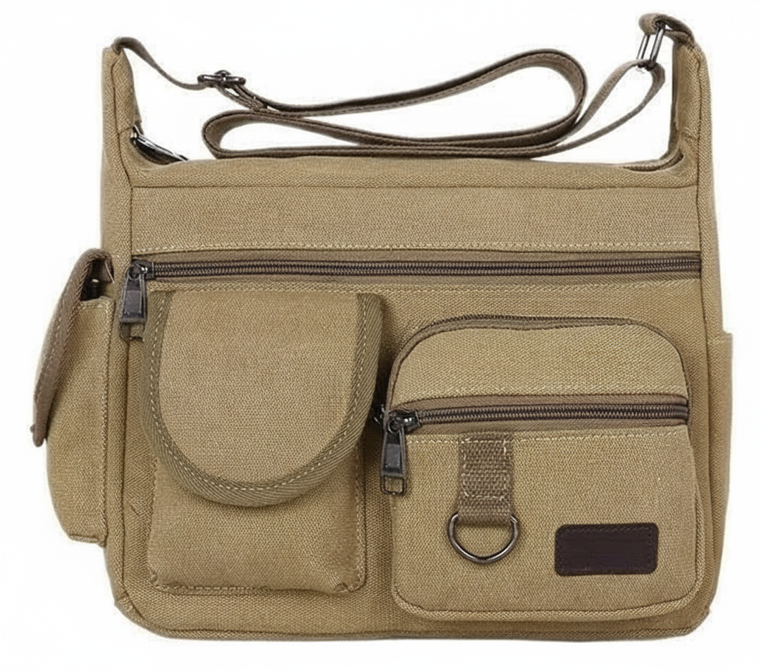 Mångsidig khaki canvas crossbodyväska med rymlig förvaring och smart organisering, idealisk för pendling.