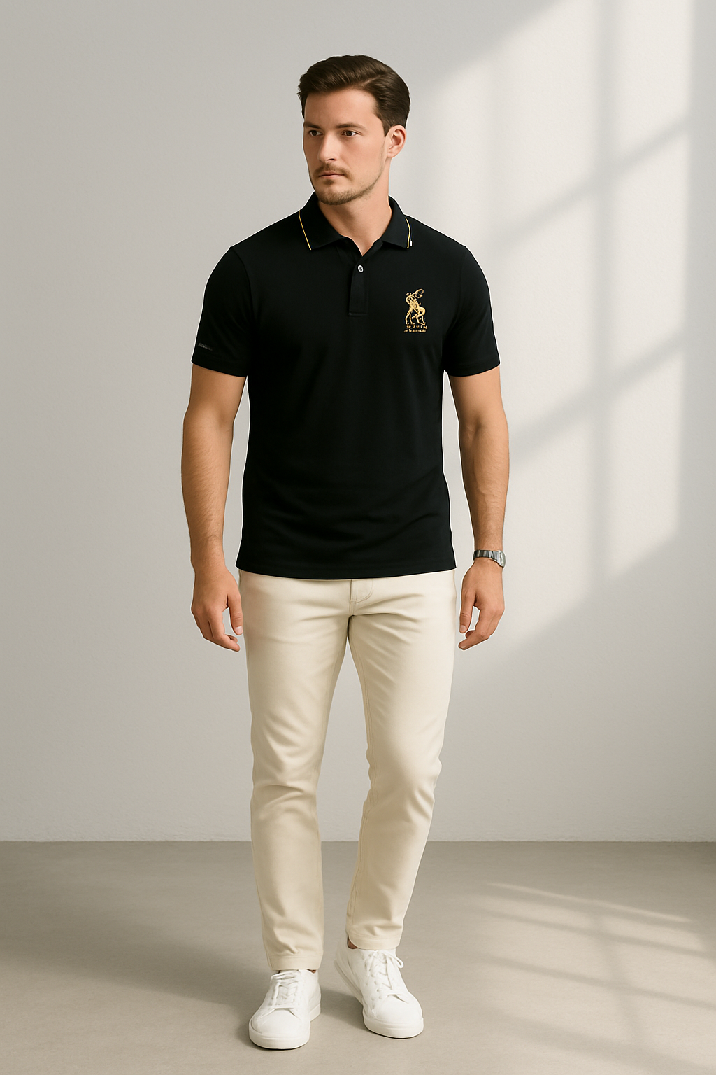 Ljusblå herr pikétröja för vår/sommar, med broderi, perfekt för en elegant casual stil.