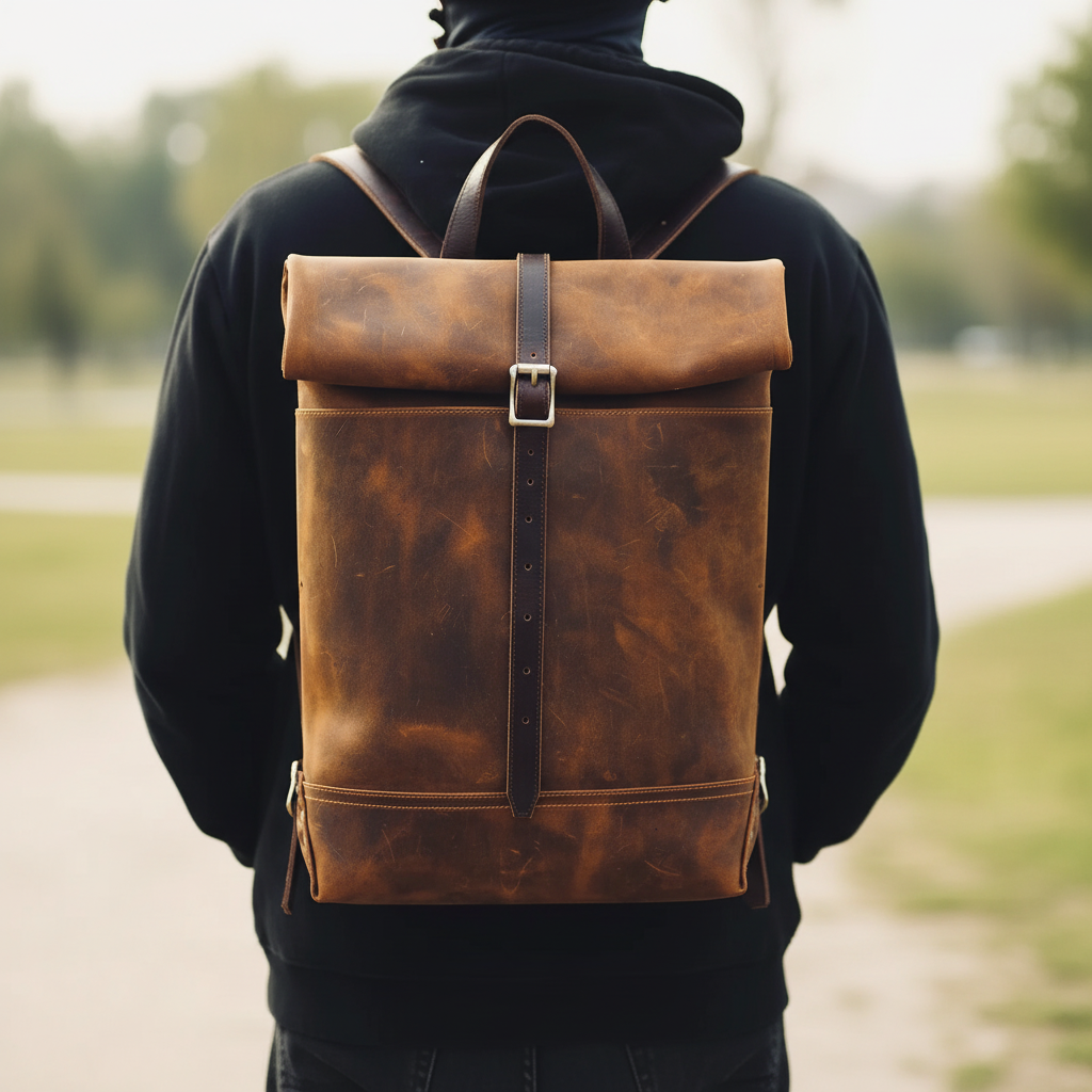 Klassisk herr skinnryggsäck. Elegant vintageväska i läder för resor, vardag, laptop & pendling.