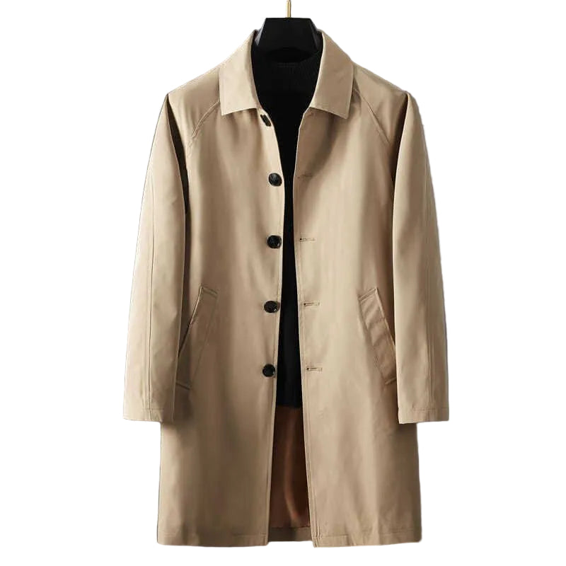 Klassisk kort damtrenchcoat i beige med spridd krage, perfekt som elegant vår- eller höstjacka för kvinnor.