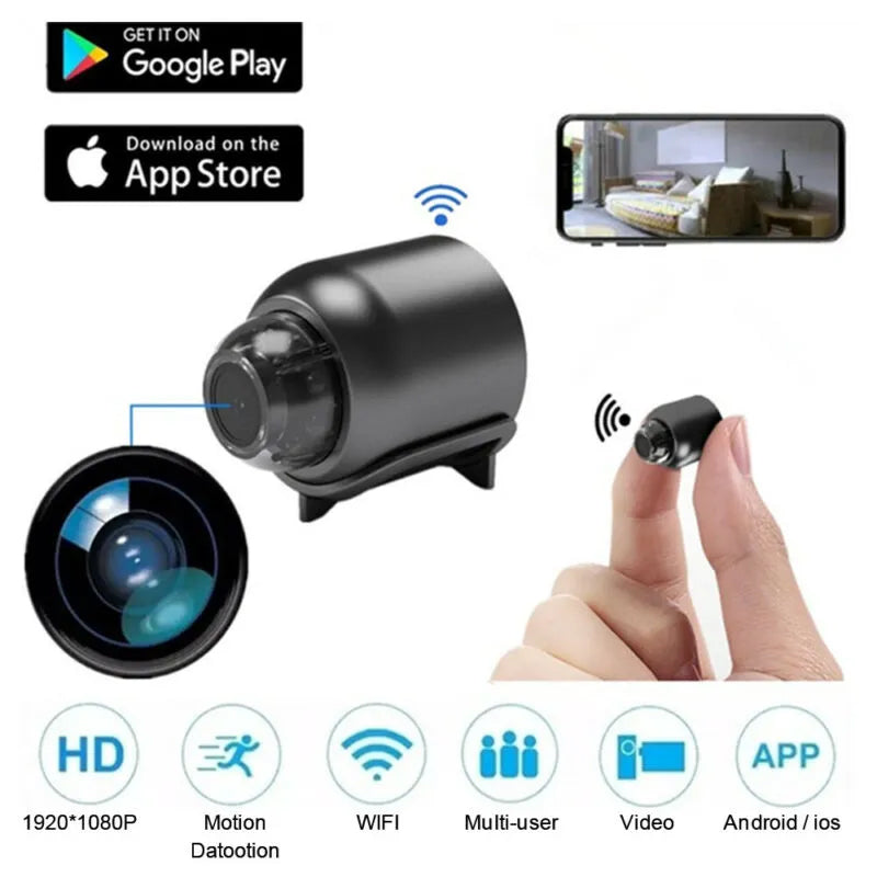 Kompakt 1080p HD WiFi inomhus övervakningskamera med nattvision och rörelseidentifiering för hemsäkerhet.