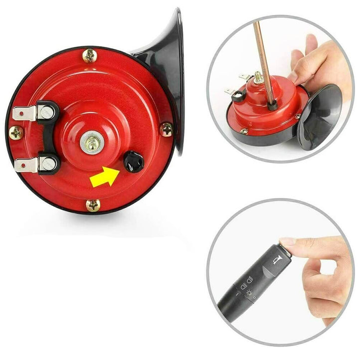 Närbild av ett robust fordonshorn, designat för hög ljudnivå och vattentålighet. För fordonssäkerhet.