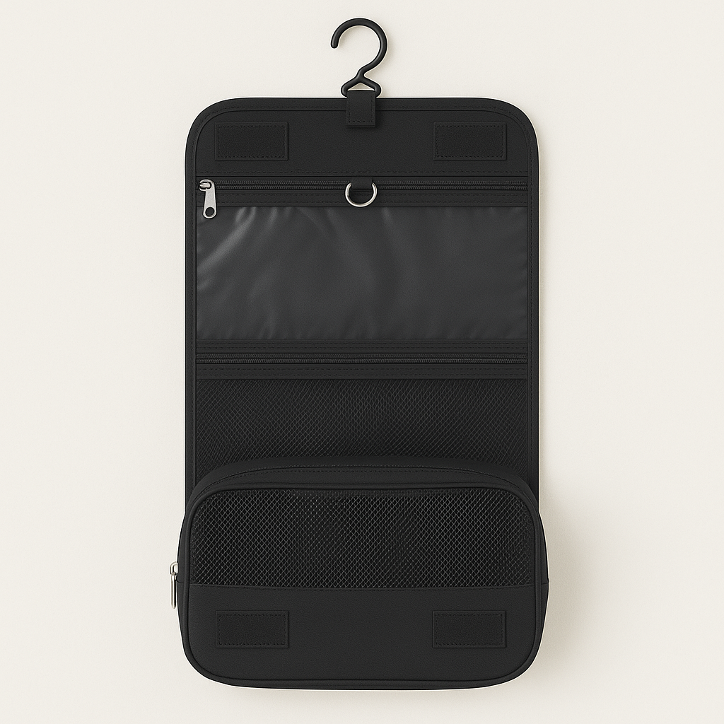 Resenecessär i kompakt design, optimal för badrumsförvaring och smidig packning.
