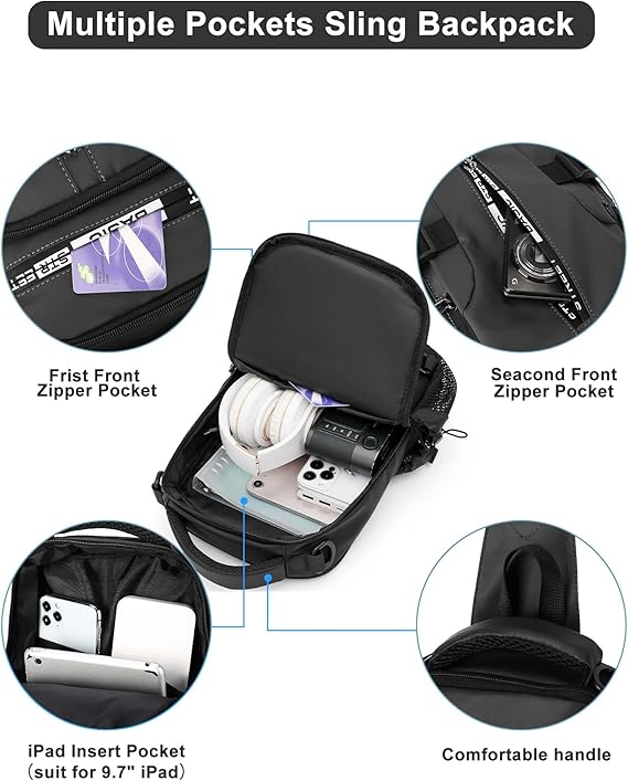 Invändiga fack i organiserad unisex crossbody-slingryggsäck. Praktisk förvaring för resan & vardagen.