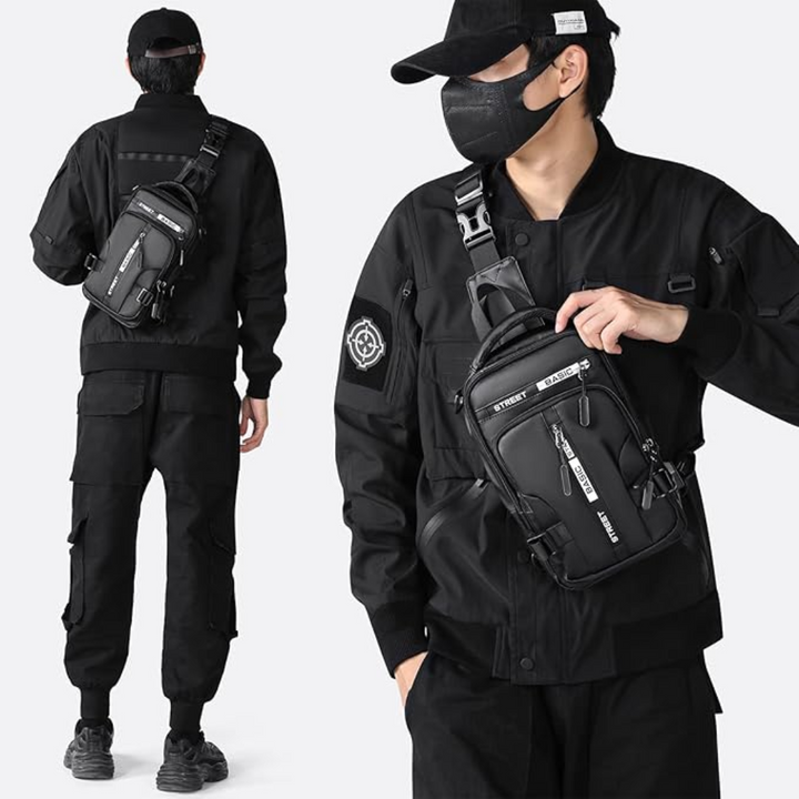 Kompakt unisex slingryggsäck i stadsmiljö. Praktisk crossbodyväska för pendling och dagsturer.