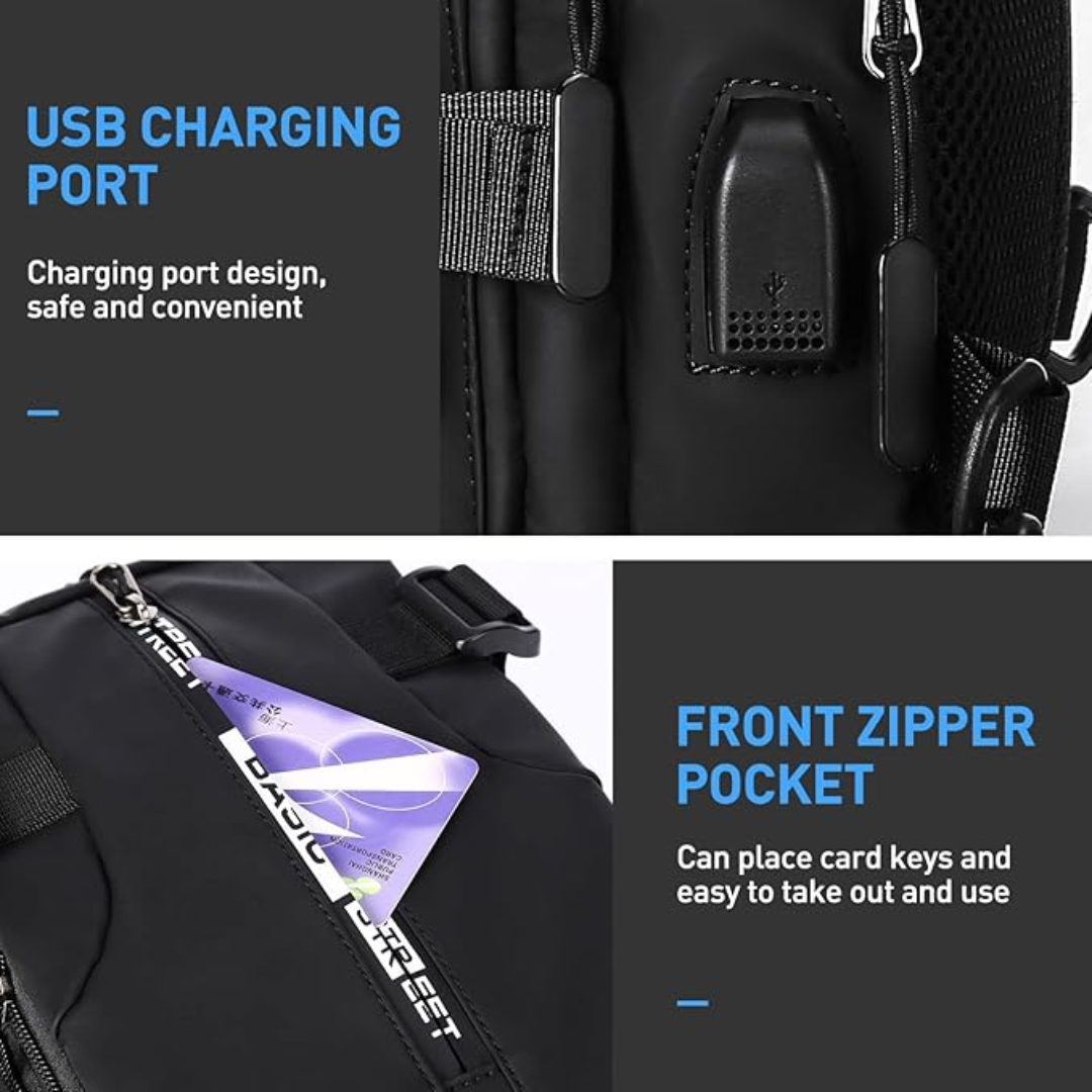 Enkel att bära, kompakt crossbody-slingryggsäck. Stilren unisexväska, perfekt som lätt dagspack.