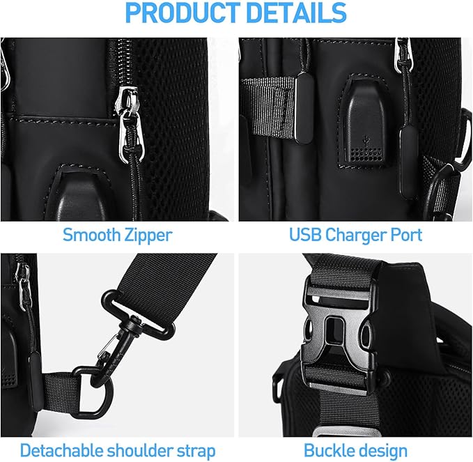 Man bär en svart kompakt slingryggsäck över bröstet. Praktisk unisex crossbodyväska för stadsliv.