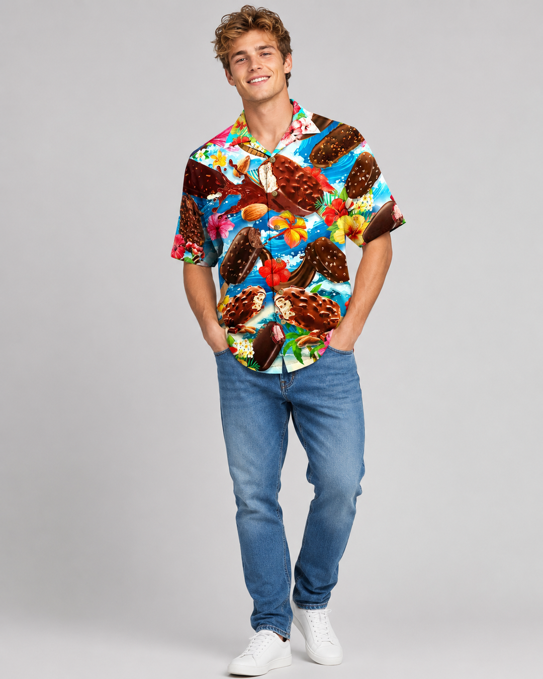 Herrskjorta med glassmotiv, kortärmad för en avslappnad sommarlook. Perfekt för varma dagar och strand.