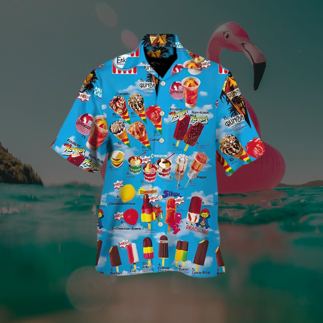 Herrskjorta kortärmad, med unikt glassmotiv. En bekväm sommarskjorta för semester och strandkläder.