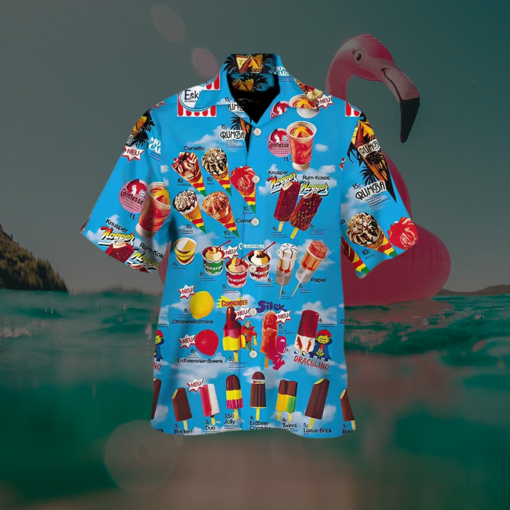 Herrskjorta kortärmad, med unikt glassmotiv. En bekväm sommarskjorta för semester och strandkläder.
