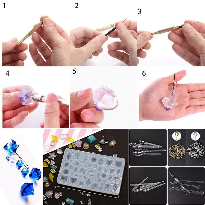 Set med diverse hartsformar för smyckestillverkning, inspirerar till kreativt skapande av unika hartsmycken.