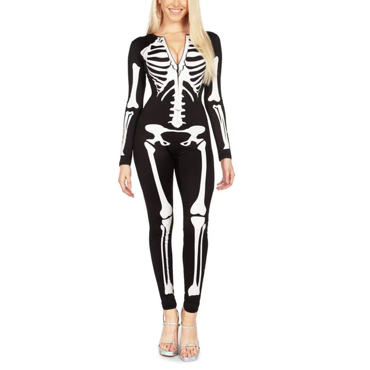 Kroppsnära dam skelettkostym för Halloween, perfekt för maskerad och temafest.