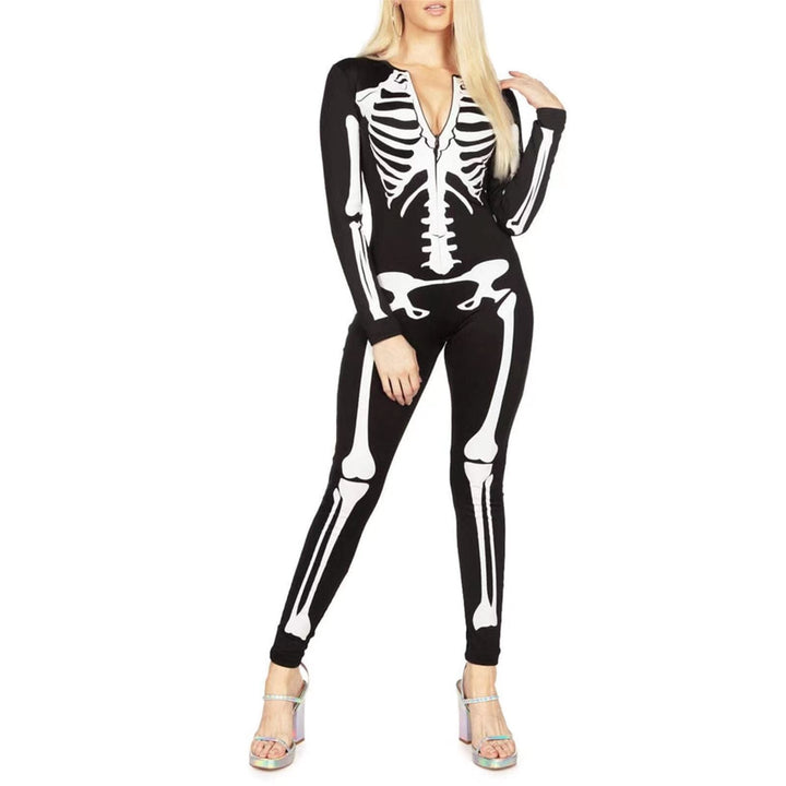 Kuslig dam skelett utklädnad i kroppsnära design, idealisk för Halloween festkläder.