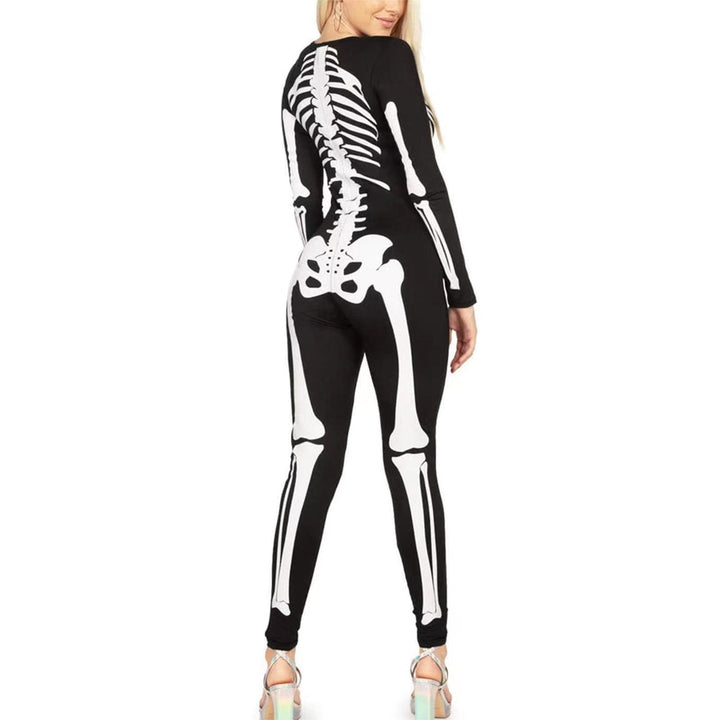 Trendig dam skelettdräkt för maskerad, en kroppsnära Halloween utklädnad med läskig design.
