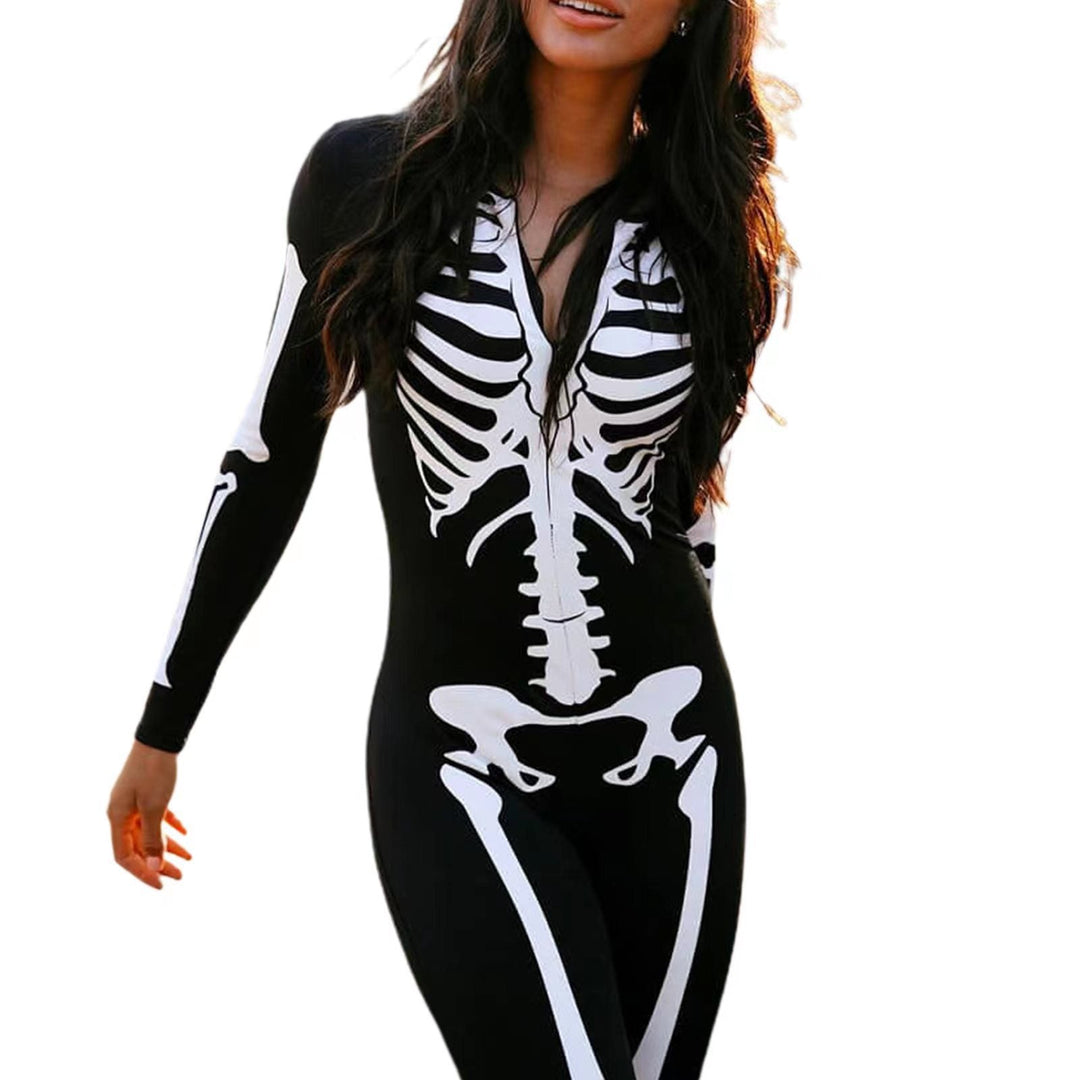Detaljerad kroppsnära damkostym med skelettryck, perfekt för en minnesvärd Halloween maskerad.