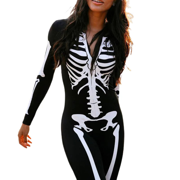 Detaljerad kroppsnära damkostym med skelettryck, perfekt för en minnesvärd Halloween maskerad.