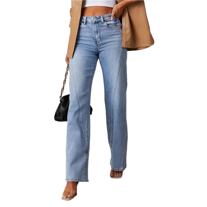 Kvinnor bär högmidjade vida jeans i denim, bekväma och stilrena för vardagsbruk.