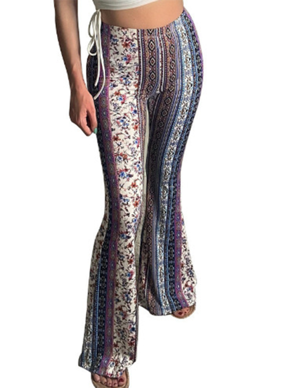 Frontvy av mönstrade dam boho byxor, slim fit passform, perfekta bekväma sommarbyxor, elastiska damkläder.