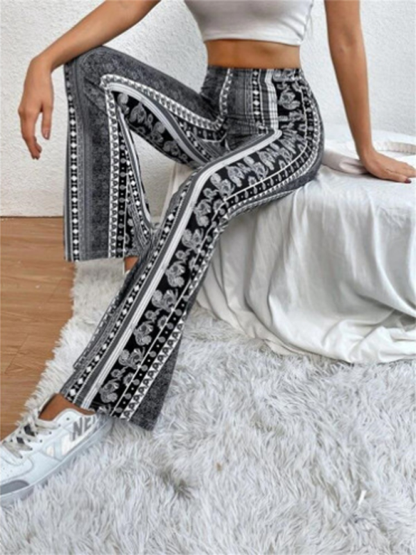 Sidovy på dam casual boho slim fit byxor, mönsterdetaljer och bekväm passform för sommar, damkläder.