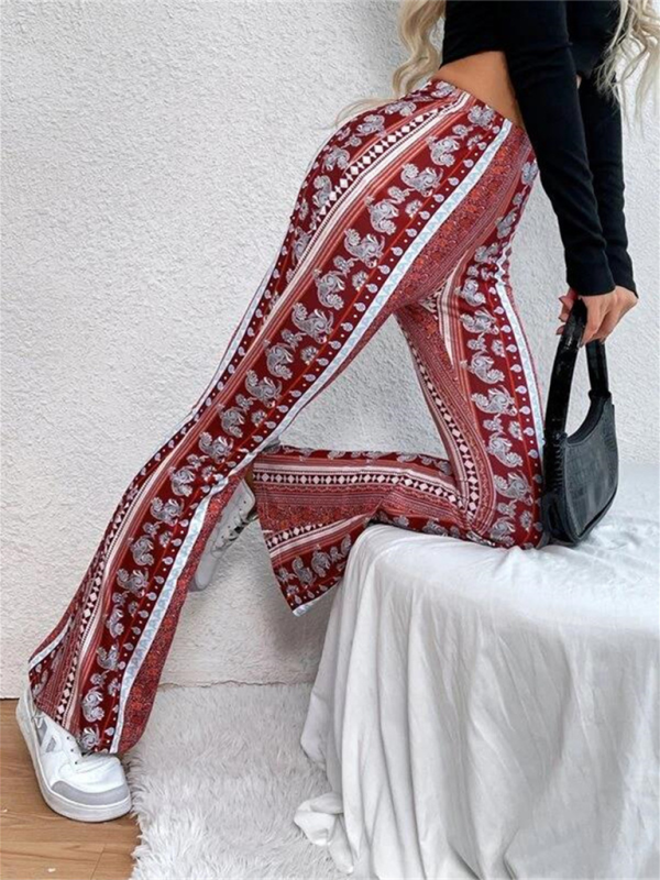 Närbild på mönsterdetaljer och sömmar på dam casual boho slim fit byxor, kvalitativa vardagsbyxor.