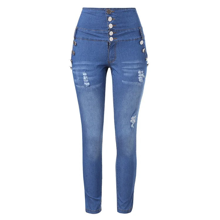 Kvinnor i mörkblå slim fit högmidjade jeans poserandes med vardaglig elegans