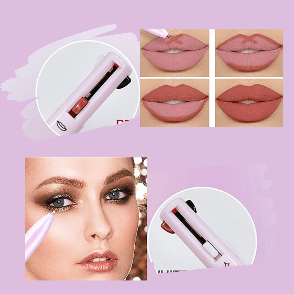 Kompakt resesmink: 4-i-1 skönhetspenna med eyeliner, läppenna, ögonbrynspenna & highlighter i ett.
