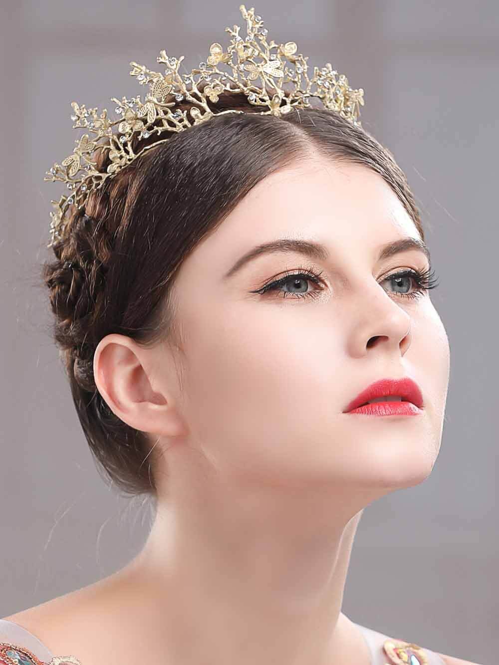 Tiara med libell och strass i guld, en vacker bröllops- och festkrona i vintage-stil för kvinnor