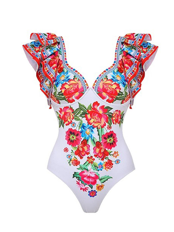 Täckande blommig kjolbaddräkt. Kvinnors färgglada simkläder för strand och pool.