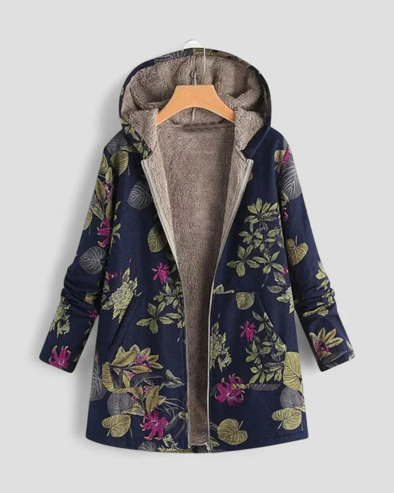 Snygg blommig fleecejacka för kvinnor med huva, utmärkt som fritidsjacka eller varm vinterjacka. Perfekt komfort.