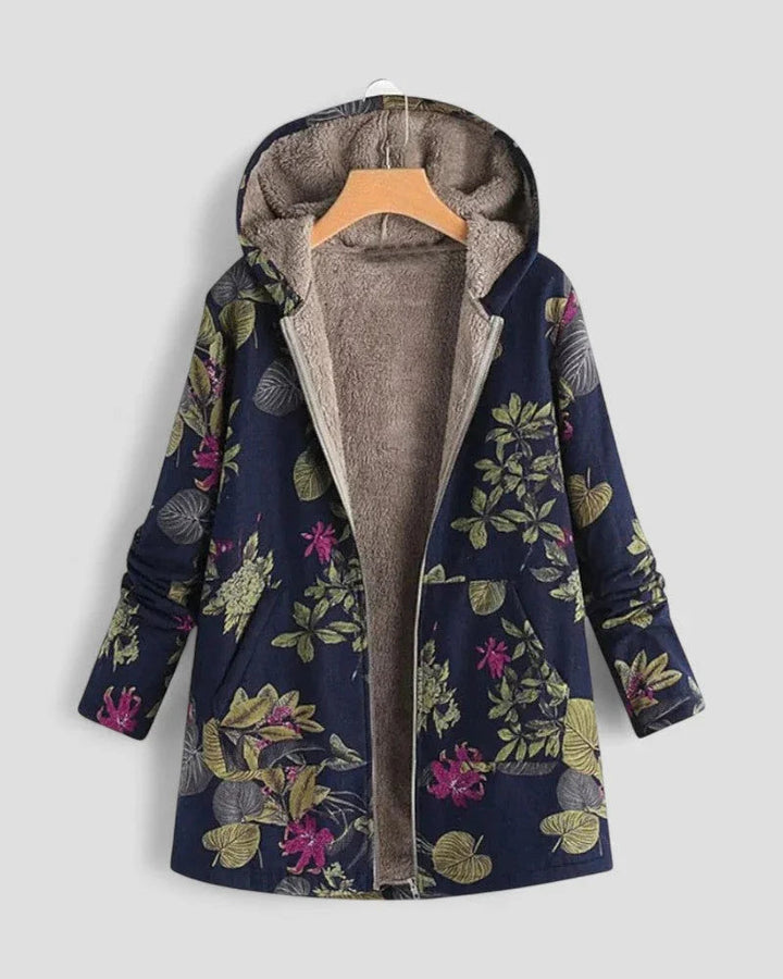 Snygg blommig fleecejacka för kvinnor med huva, utmärkt som fritidsjacka eller varm vinterjacka. Perfekt komfort.