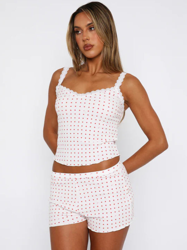 Tvådelat sommarsömnset: blommig spaghetti strap topp & matchande mjuka shorts med spets. Kvinnors nattkläder.