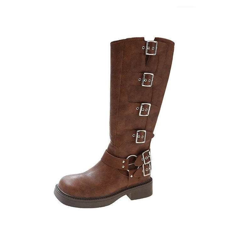 Kvinnors bruna western cowboy-stövlar med robust stil och mellanhög klack, bekväma damskor för mode.