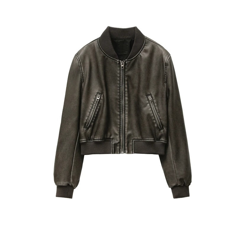 Svart croppad motorcykeljacka för kvinnor, trendig med dragkedja, idealisk vår/höst.