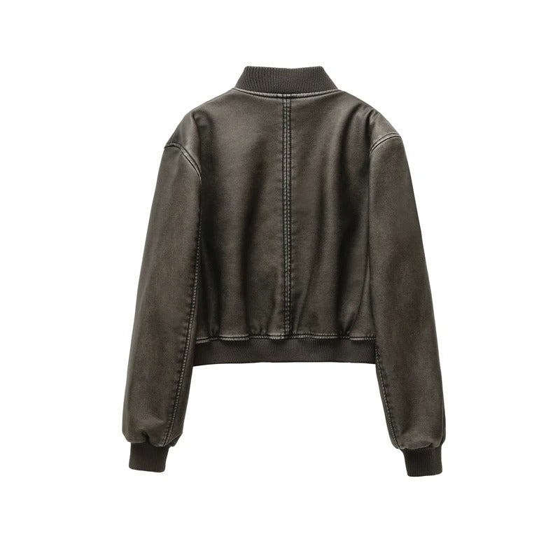 Brun croppad motorcykeljacka för kvinnor, snygg vardagsjacka, perfekt för höstmode.