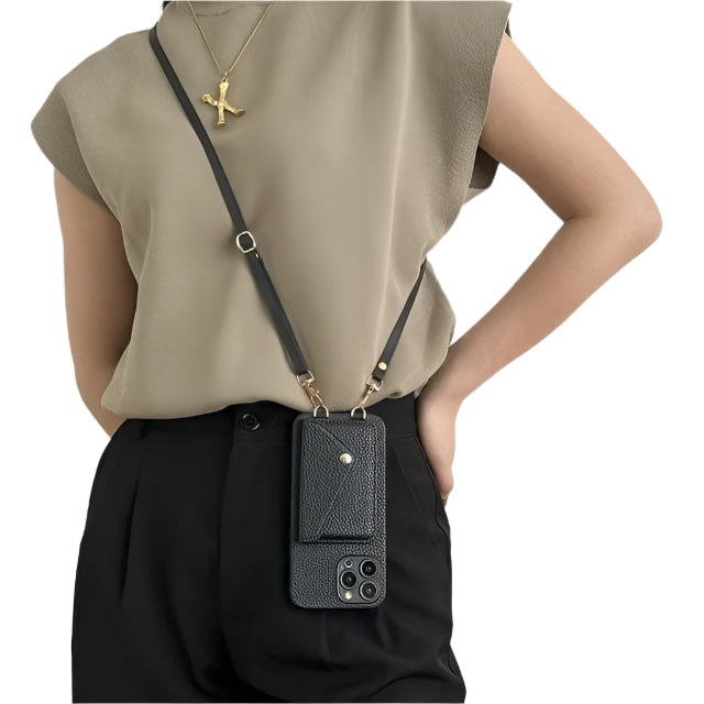 Kvinnors crossbody mobilfodral med justerbar rem i konstläder, stängd.
