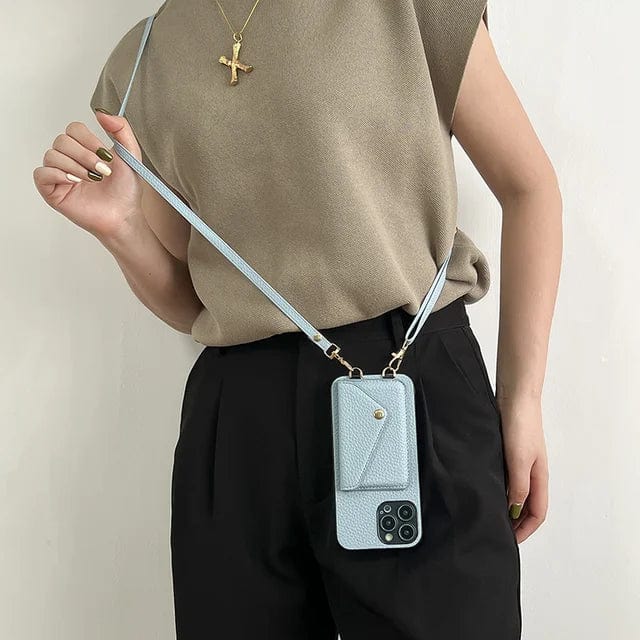 Grå kvinnors mobilfodral med crossbody-rem, perfekt för iPhone, elegant och praktiskt.