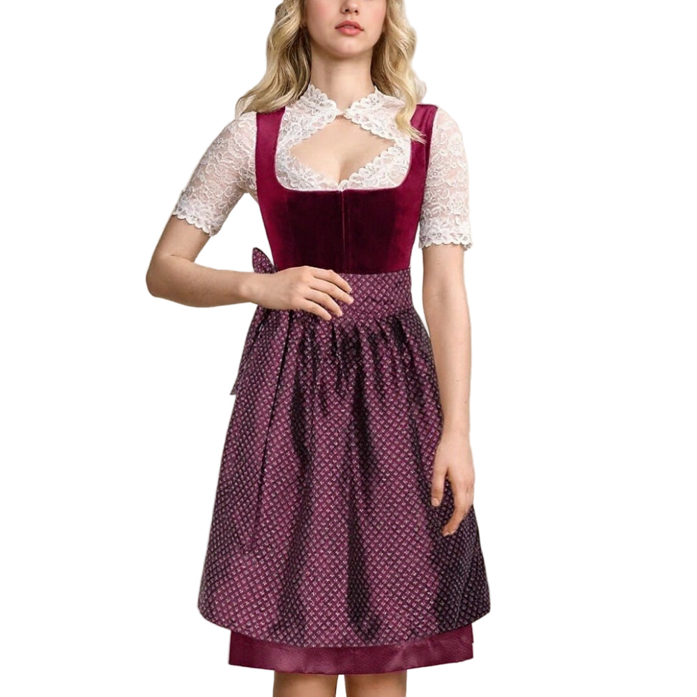 Kvinnors Dirndl-klänning med blommönster och elegant svart förkläde, perfekt för Oktoberfest.