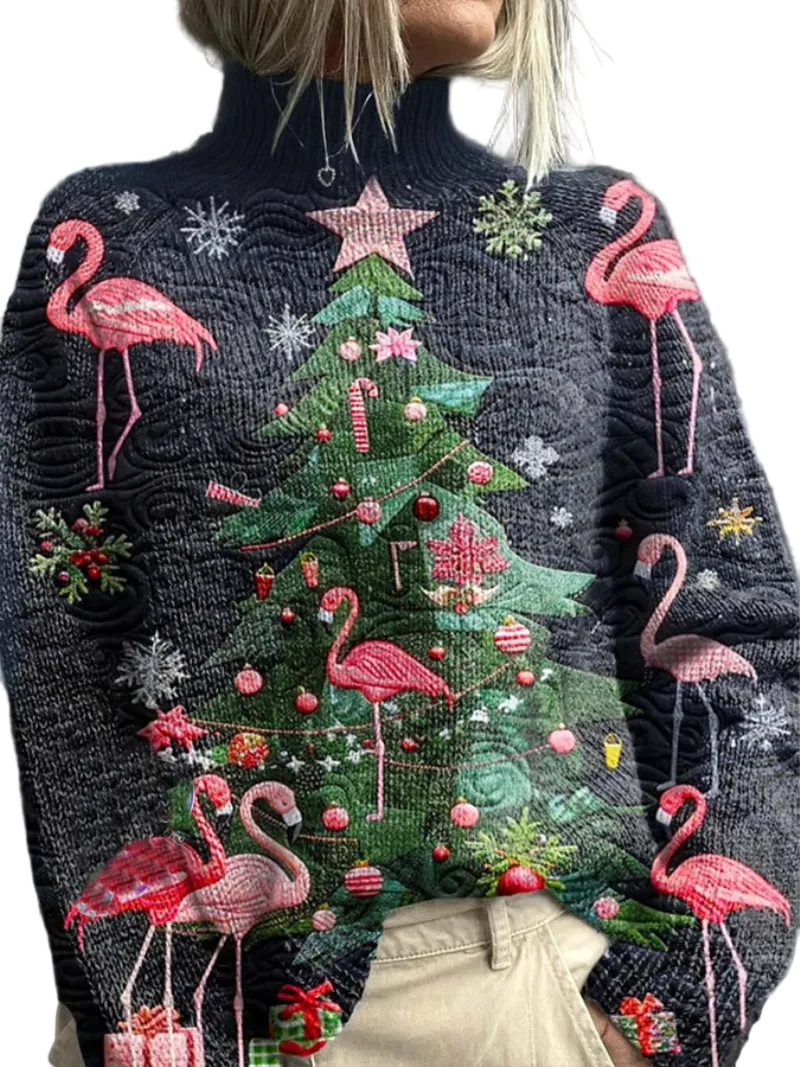 Kvinnors festliga stickade jultröja med rosa flamingos och elegant hög krage. Bekväm för vinter och jul.