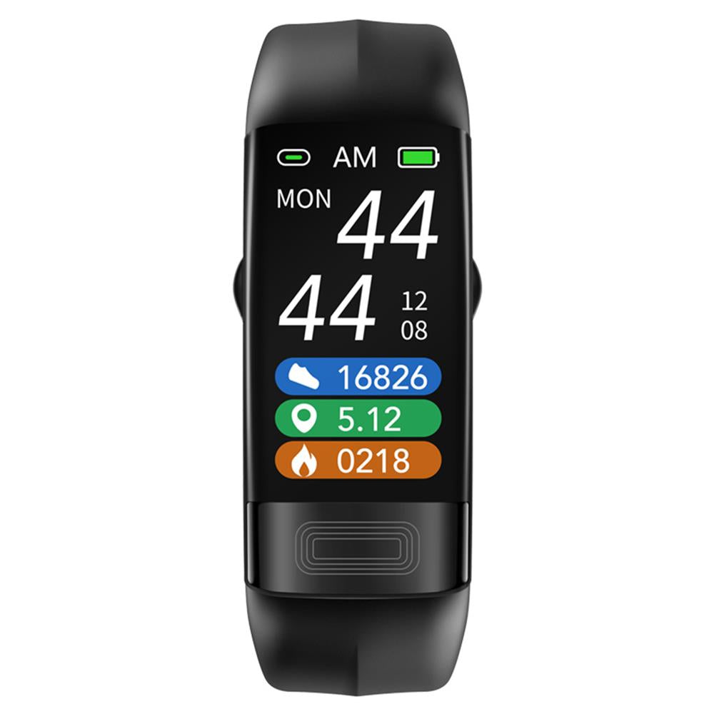Detaljbild av kvinnors fitness tracker som visar EKG-mätning & hälsoövervakning på skärmen.