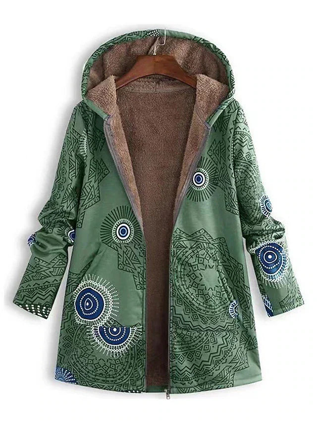 Modern casual damjacka med snyggt geometriskt mönster. Fodrad huvjacka för en trendig höstlook.