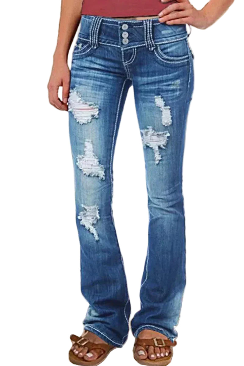 Kvinnors högmidjade bootcut jeans med trendiga slitna detaljer i ljusblå denim